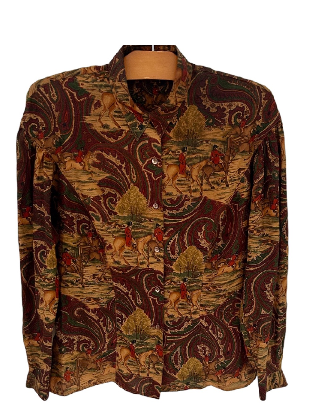 Vintage Cacharel Equestrian Paisley Blouse Horse Hunt Print Button Front Size M